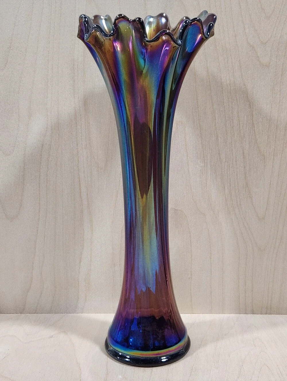 Vintage Iridescent Amethyst Purple Glass Ruffled Rim Trumpet Vase 12 Inch VTG